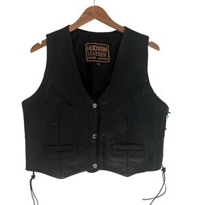 VTG Hudson Women’s Sz L Leather Black Leather Biker Vest with Lace-Up Side